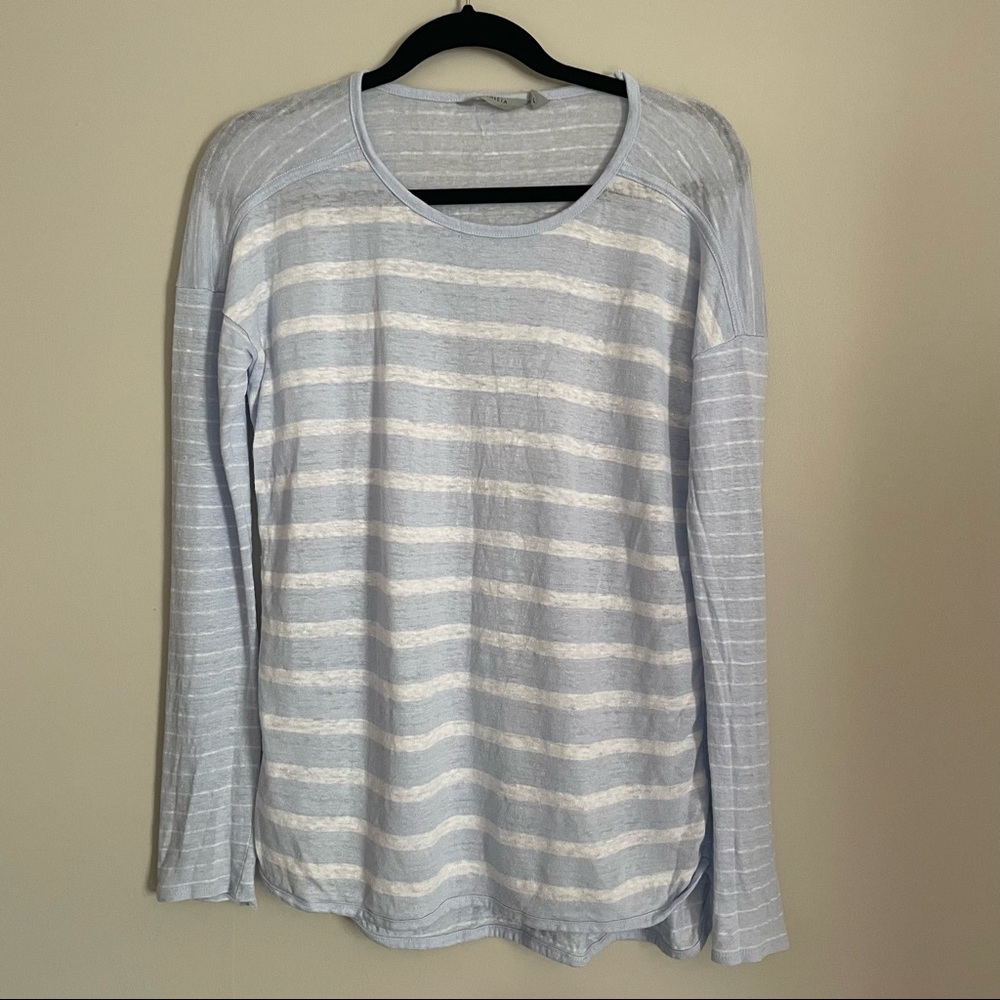 Athleta Blue & White Newport Striped Top 100% Linen Long-Sleeve Women’s Medium - Picture 8 of 8